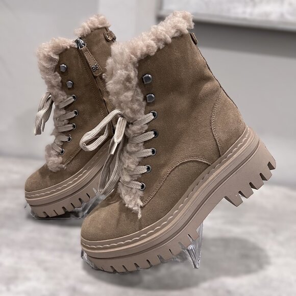 Sam Edelman Kyler Boots Combat Fur Size 6.5 Washed Taupe Beige Comfortable Warm - Picture 7 of 12